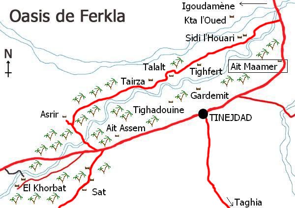 Mapa del oasis de Ferkla, Tinejdad, sur de Marruecos.