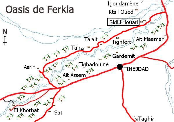 Mapa del oasis de Ferkla (Tinejdad), sur de Marruecos.