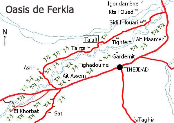 Mapa del oasis de Ferkla, en Tinejdad, Marruecos.