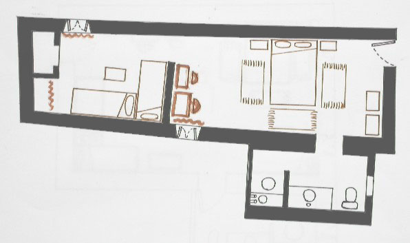 Plano de habitación en la casa rural El Khorbat, sur de Marruecos.