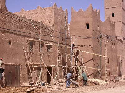 Restauration of the outer wall of Ksar El Khorbat in Tinejdad, South Morocco.