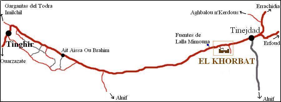 Mapa del sur de Marruecos entre Tinerhir y Tinejdad.