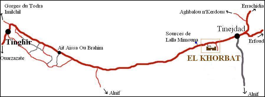 Carte de Tinghir et Tinejdad avec l’accès à El Khorbat.