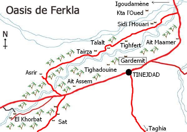 Mapa de l’oasi de Ferkla, Tinejdad, Marroc.