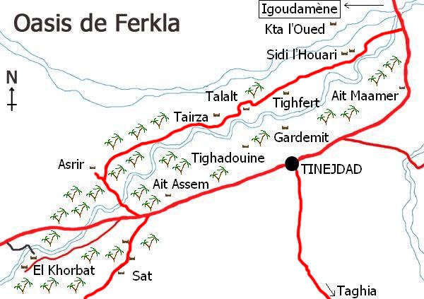 Mapa de l’oasi de Ferkla, Tinejdad, al sud del Marroc.