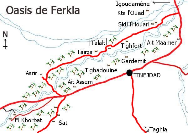 Mapa de l’oasi de Ferkla a Tinejdad, sud del Marroc.