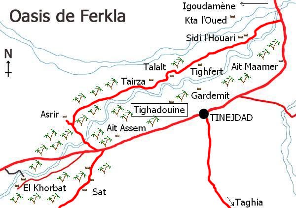 Mapa de l’oasi de Ferkla a Tinejdad, sud del Marroc.