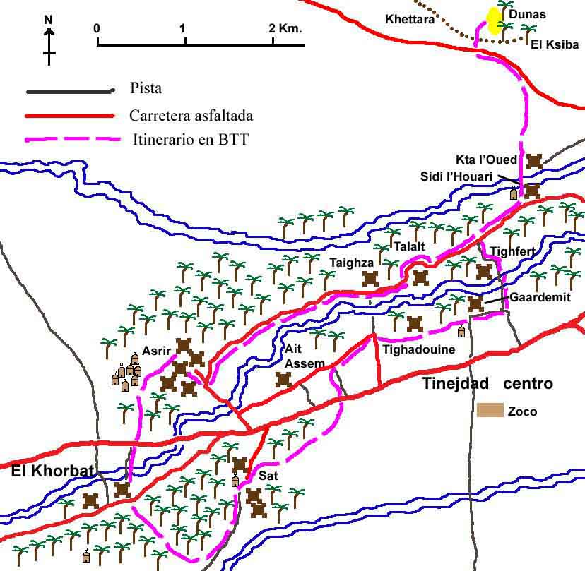 Mapa del palmeral de Ferkla, Tinejdad, Maroc.