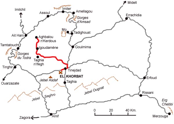 Mapa de la excursión de Tinejdad a Aghbalou n’Kerdous.