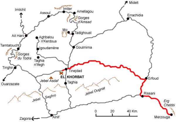 Mapa de Merzouga y dunas del Erg Chebbi.