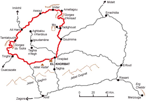 Mapa del circuito gargantas del Todra y del Gheris.